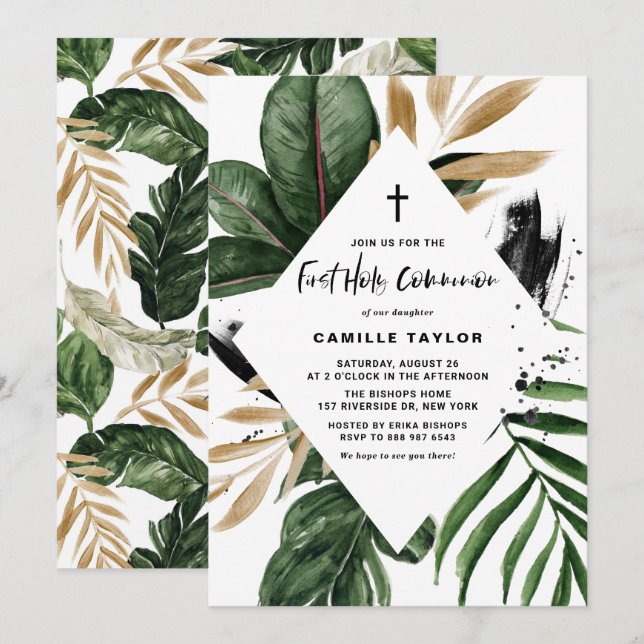 Tropical Leaves Gold Foil First Holy Communion Invitation (Front/Back)