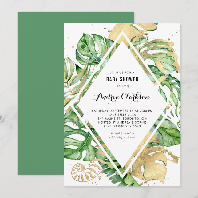 Tropical Leaves Gold Foil Summer Baby Shower Invitation (Front/Back)