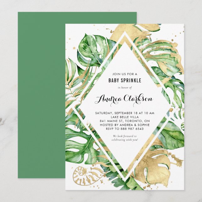 Tropical Leaves Gold Foil Summer Baby Sprinkle Invitation (Front/Back)