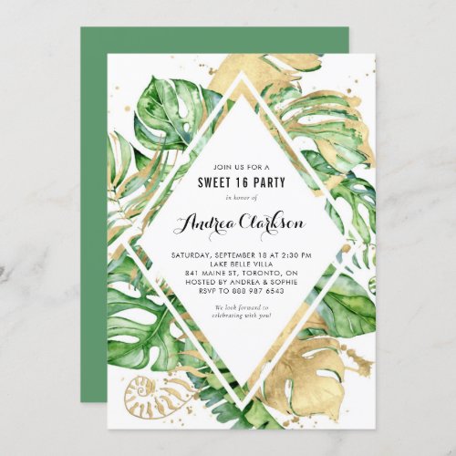 Tropical Leaves Gold Foil Summer Sweet 16 Party Invitation