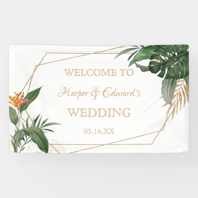 Tropical Leaves Gold Frame Watercolor Wedding Banner (Horizontal)