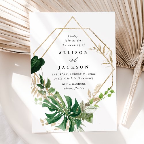 Tropical Leaves Gold Geometric Frame Wedding Invitation