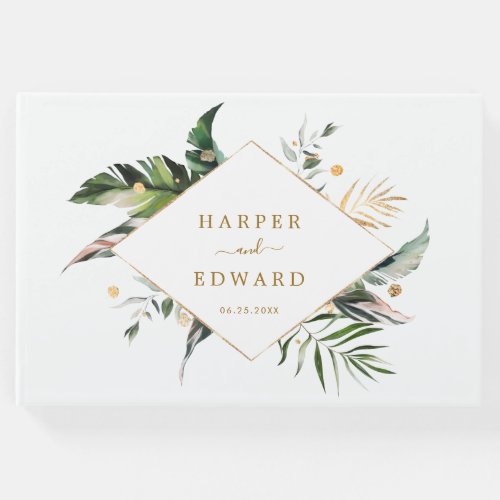 Tropical Leaves Gold Green Wedding Guest Book