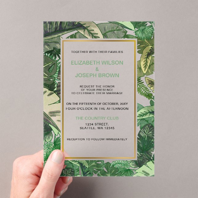 tropical leaves gold  greenery botanical wedding acrylic invitations (Insitu (Handheld))
