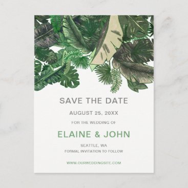 tropical leaves gold  greenery botanical wedding announcement postcard