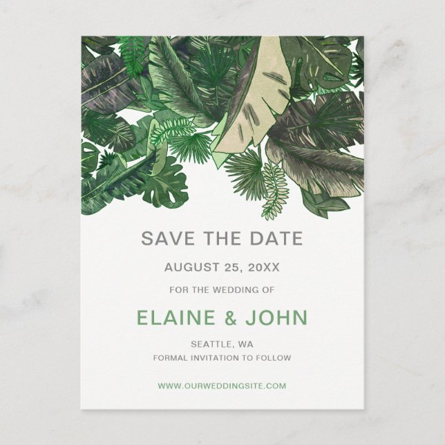 tropical leaves gold  greenery botanical wedding announcement postcard (Front)