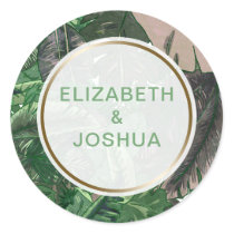 tropical leaves gold  greenery botanical wedding classic round sticker