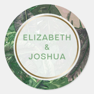 tropical leaves gold greenery botanical wedding classic round sticker