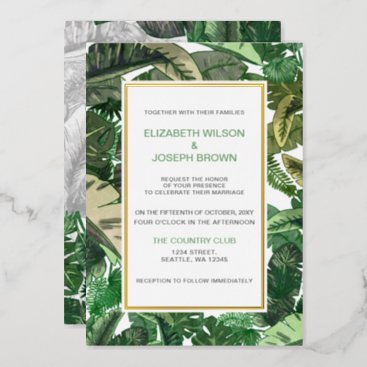 tropical leaves gold  greenery botanical wedding i foil invitation