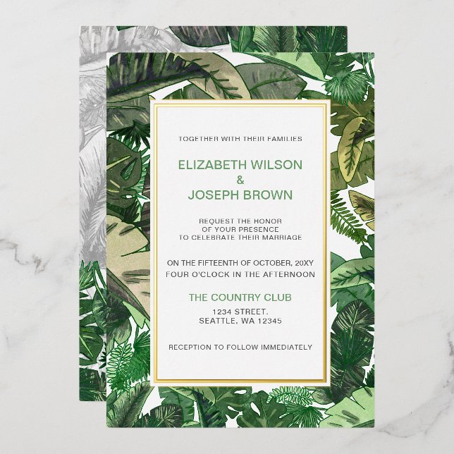 tropical leaves gold  greenery botanical wedding i foil invitation (Front/Back)