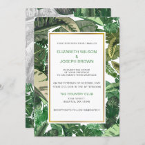 tropical leaves gold  greenery botanical wedding invitation