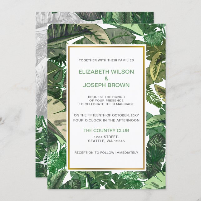 tropical leaves gold  greenery botanical wedding invitation (Front/Back)