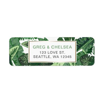 tropical leaves gold  greenery botanical wedding label