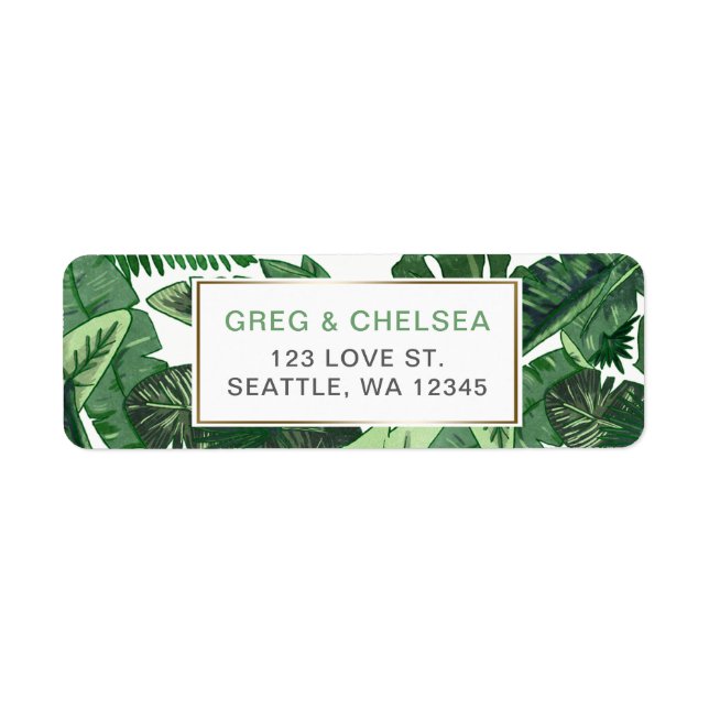 tropical leaves gold  greenery botanical wedding label (Front)