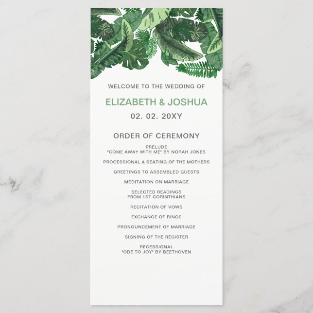 tropical leaves gold  greenery botanical wedding program (Front)