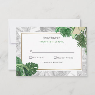 tropical leaves gold greenery wedding RSVP card