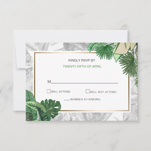 tropical leaves gold  greenery wedding RSVP card