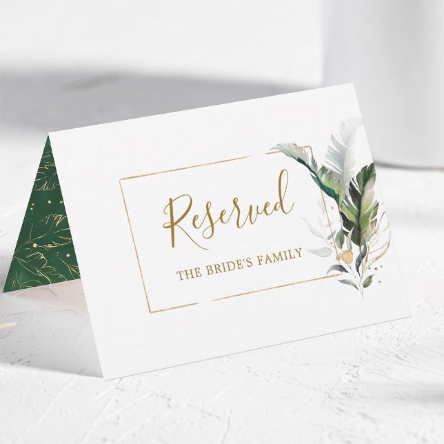Tropical Leaves Gold Wedding Reserved Tent Sign (Creator Uploaded)