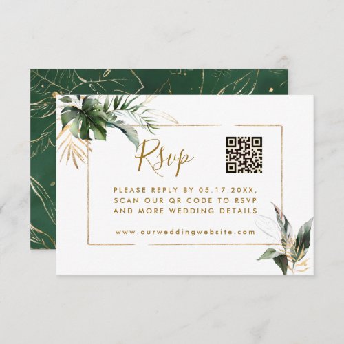 Tropical Leaves Gold Wedding RSVP with QR Code  Enclosure Card
