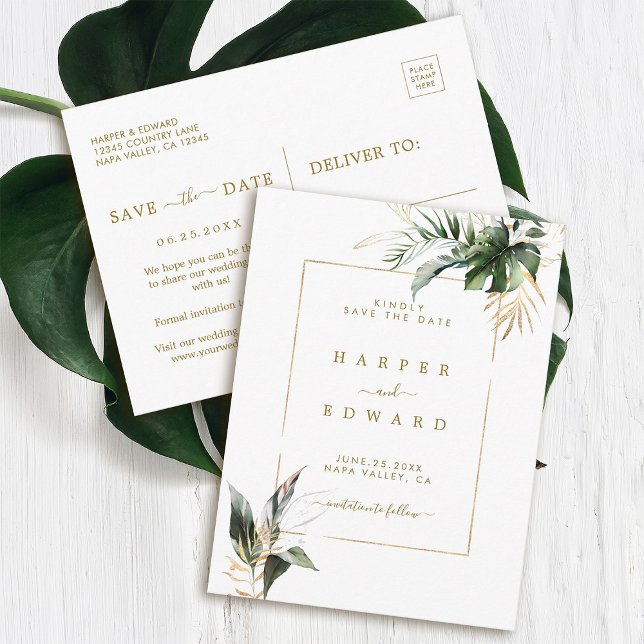 Tropical Leaves Gold Wedding Save the Date Announcement Postcard (Front & Back)