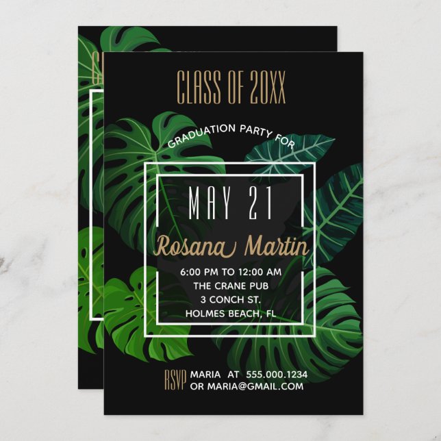 Tropical Leaves Graduation Party Invitation (Front/Back)