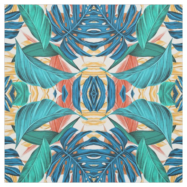 Tropical Leaves green and blue Fabric (Swatch)