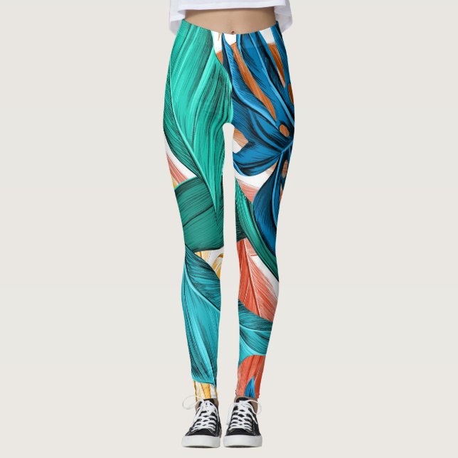 Tropical leaves green and blue leggings (Front)