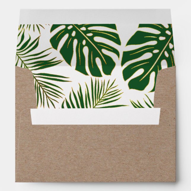 Tropical leaves green and gold rustic wedding envelope (Back (Bottom))