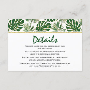 Tropical leaves green and gold wedding insert card