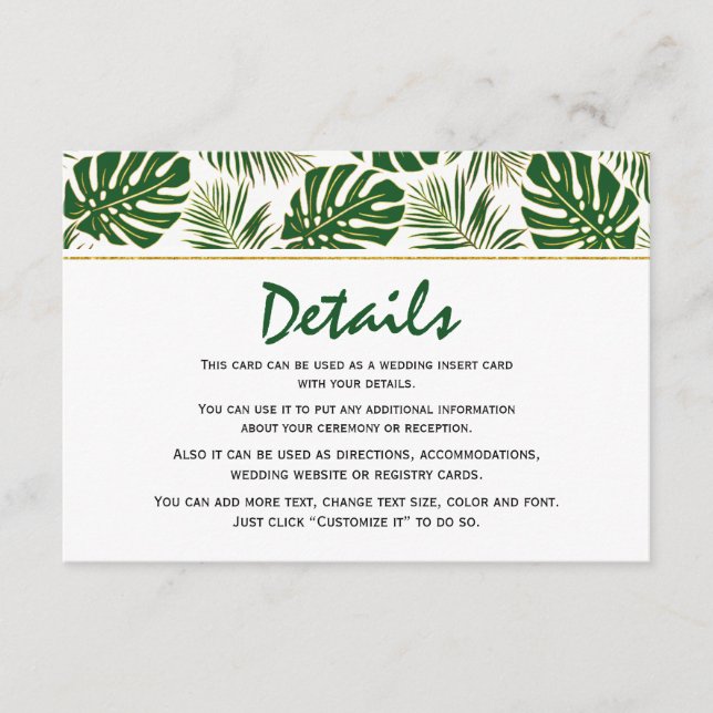 Tropical leaves green and gold wedding insert card (Front)