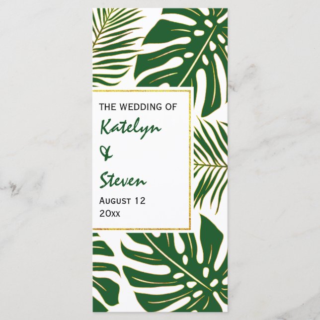 Tropical leaves green and gold wedding program (Front)