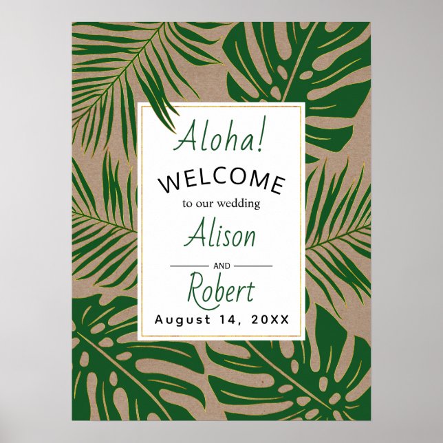 Tropical leaves green and gold wedding welcome poster (Front)