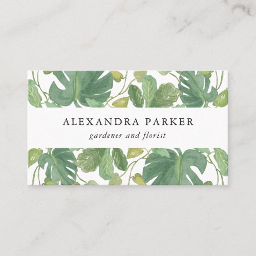 Tropical Leaves  Green and White Business Card