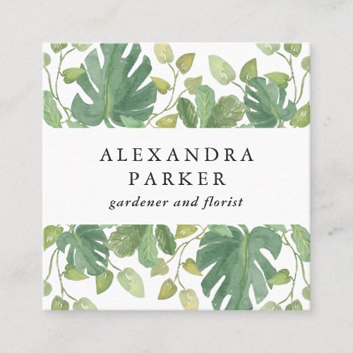 Tropical Leaves  Green and White Square Business Card