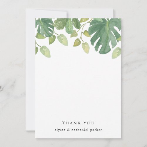Tropical Leaves  Green and White Thank You Card