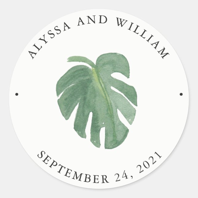 Tropical Leaves | Green and White Wedding Classic Round Sticker (Front)