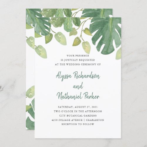 Tropical Leaves  Green and White Wedding Invitation