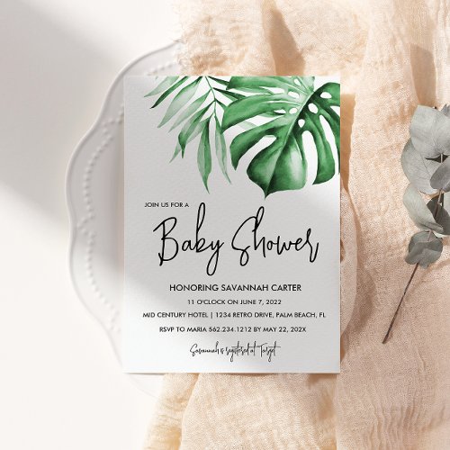 Tropical Leaves Green Baby Shower Invitation