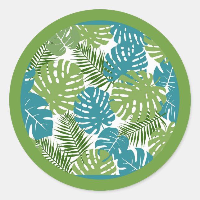 Tropical leaves, green background, classic round sticker (Front)