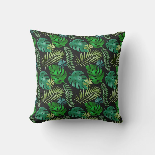 Tropical Leaves Green Black Iridescent Shiny Outdoor Pillow (Front)