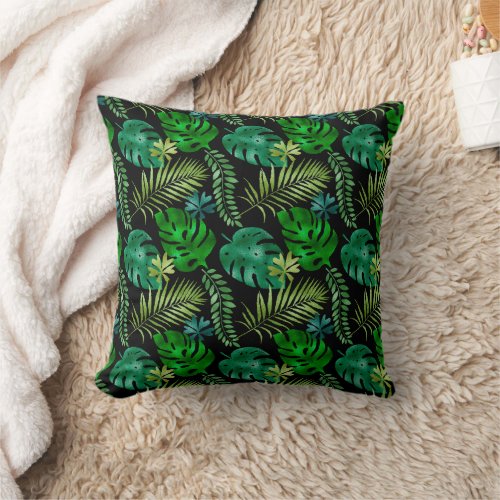 Tropical Leaves Green Black Iridescent Shiny Throw Pillow