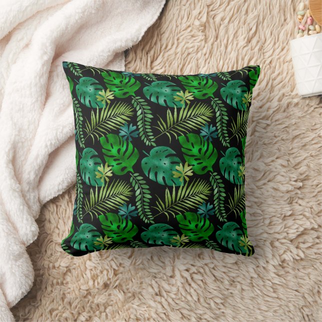 Tropical Leaves Green Black Iridescent Shiny Throw Pillow (Blanket)