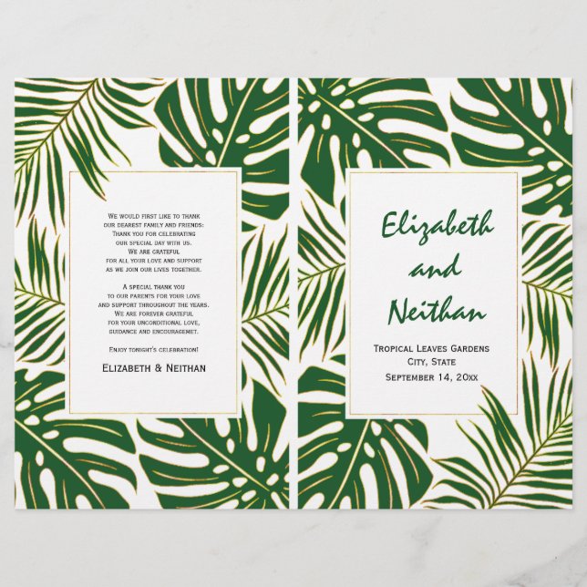Tropical leaves green gold bi-fold wedding program (Front)