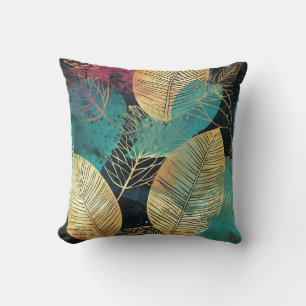 Tropical Leaves Green Gold Black Modern Throw Pillow