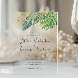 Tropical Leaves Green Gold Foliage Wedding Acrylic Invitations