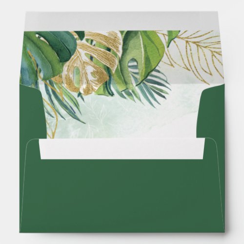 Tropical Leaves Green Gold Foliage Wedding Envelope