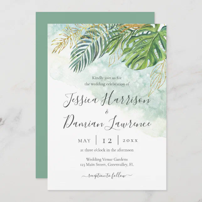 Tropical Leaves Green Gold Foliage Wedding Invitation | Zazzle