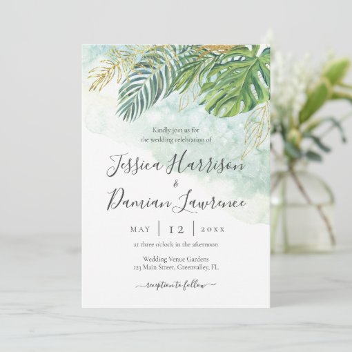 Tropical Leaves Green Gold Foliage Wedding Invitation | Zazzle