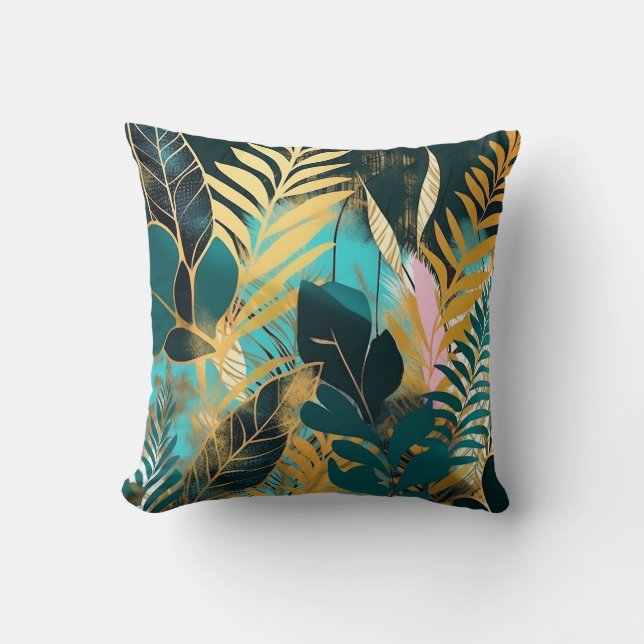 Tropical Leaves Green Gold Pink Modern Throw Pillow (Front)