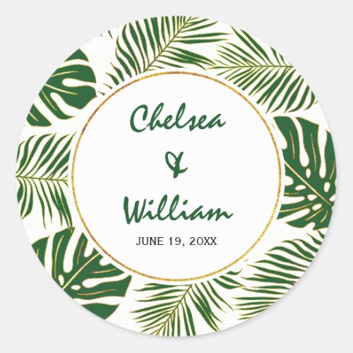 Tropical leaves green gold Save the Date wedding Classic Round Sticker